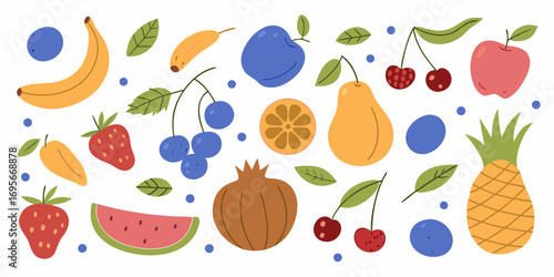 A vibrant collection of hand drawn fruits including strawberries blueberries cherries bananas apples pears pineapples pomegranates and watermelon slices