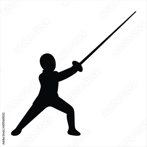 Fencer silhouette in attack stance with sword on a white background