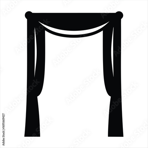 Black silhouette of curtains with drapes and rod on white background