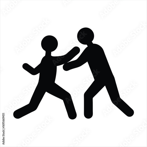 Black silhouette graphic of two stick figures engaged in physical conflict