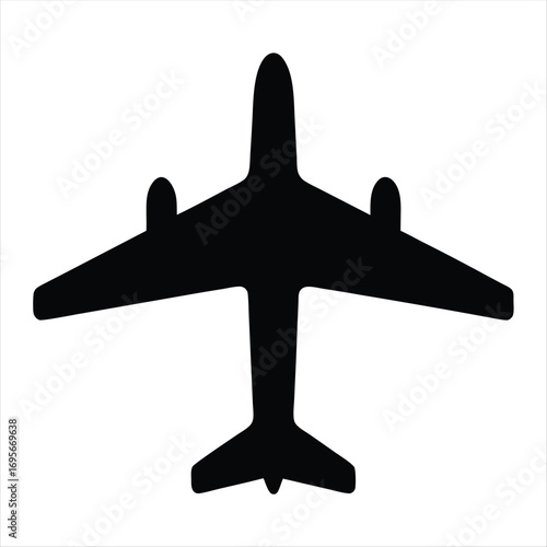Isolated black silhouette icon of plane on white background, top view