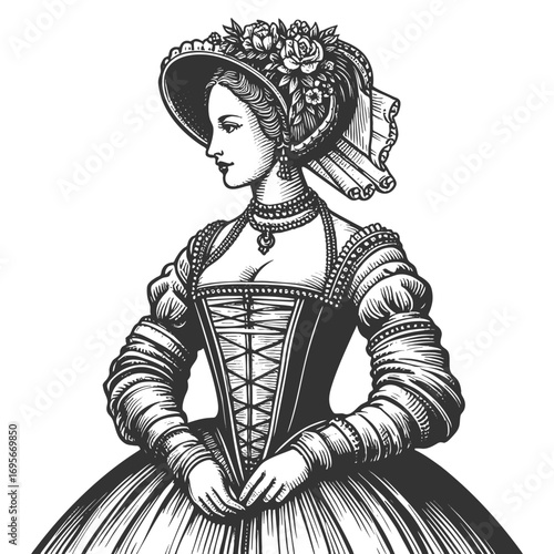 noble lady in a renaissance gown, wearing a decorated hat with flowers and lace sketch engraving generative ai fictional character vector illustration. Scratch board imitation. Black and white image.
