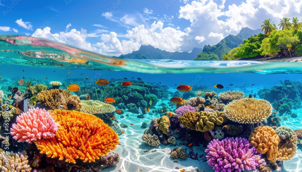 Fototapeta premium Vibrant coral reef teeming with life, showcasing a breathtaking underwater scene with colorful corals and tropical fish, set against a stunning tropical island landscape.