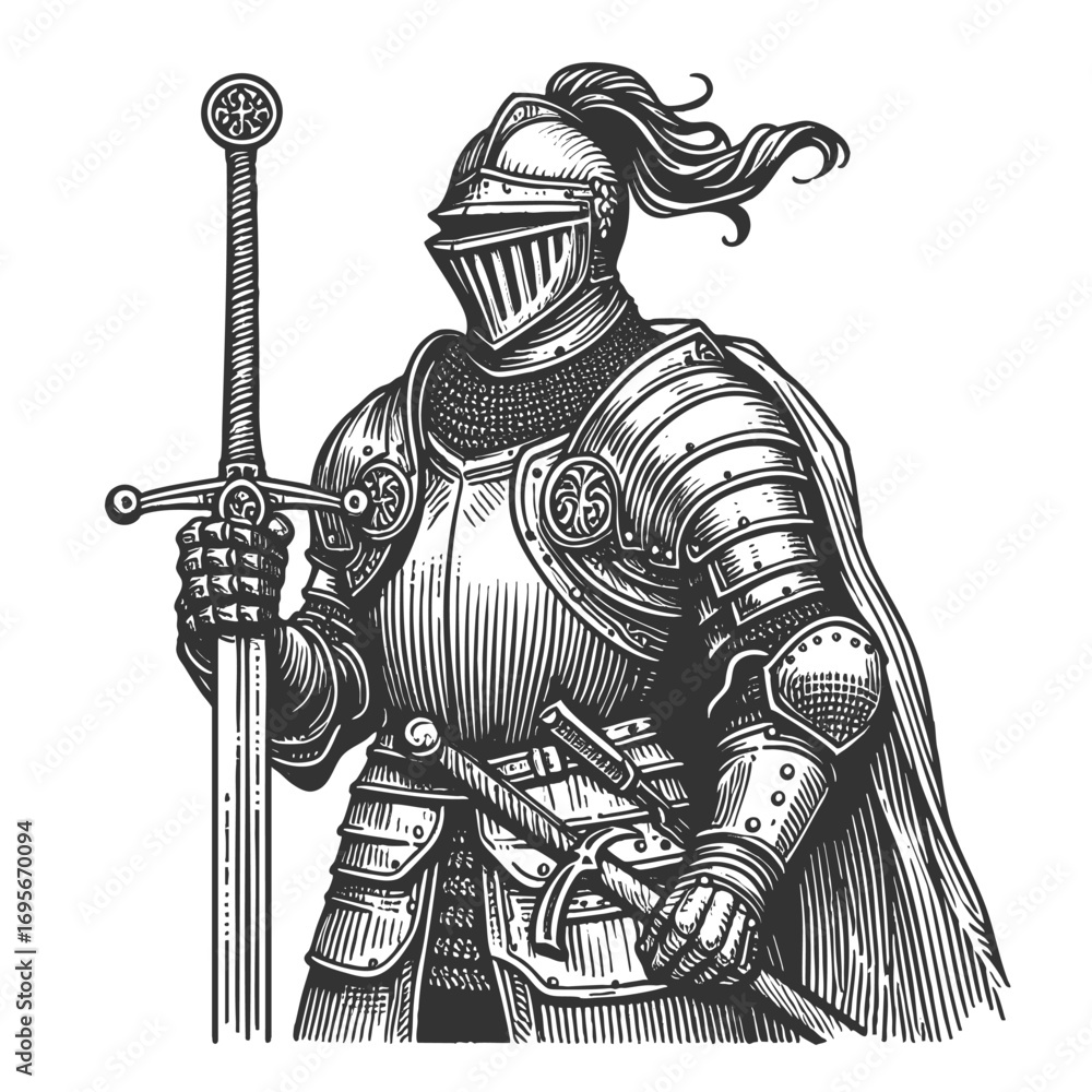 Obraz premium medieval knight in full plate armor with flowing plume, holding a large sword, symbolizing honor and strength sketch engraving generative ai vector illustration. Scratch board. Black and white image.