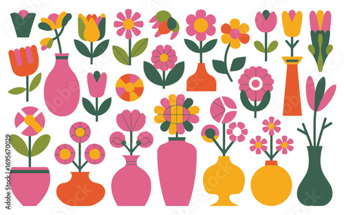 Stylized Floral Collection Retro Vases and Graphic Flowers