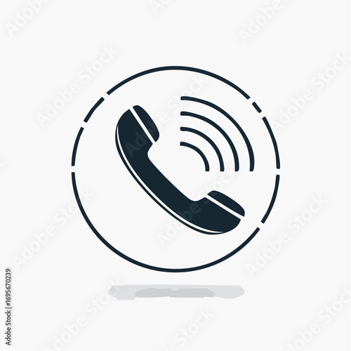 Vector illustration of a phone call icon with a ringing symbol. A simple black telephone handset in a dashed circle for communication and contact concepts