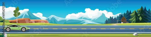 Travel of electric vehicles green color with driving man. Asphalt road two lens with white line. Hut in an open field from woods. Forest and mountain under blue sky and white clouds. for banner.