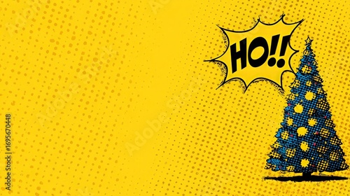 Vibrant comic pop art christmas tree with blue dots and star stands right, speech bubble ho bursts above on bright yellow halftone background with wide copy space, festive holiday advertising concept