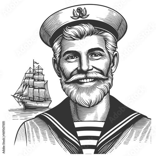 cheerful sailor with a beard and striped shirt, with a tall sailing ship in the background sketch engraving generative ai fictional character vector illustration. Scratch board. Black and white image.