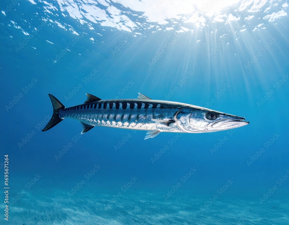 Fototapeta premium Majestic barracuda fish swimming in crystal clear blue ocean water with sunlight rays penetrating from surface above