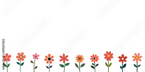 Cute bright flowers in a row on a bottom of white background. Flat style, minimal and playful design. Perfect for kids, nursery decor, greeting cards, and floral-themed projects.