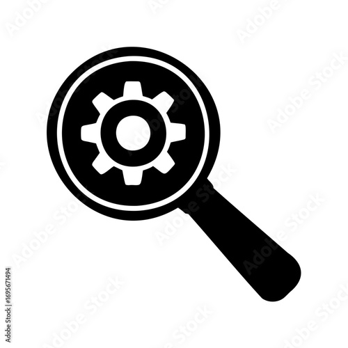 Black and white illustration of a magnifying glass with a gear inside