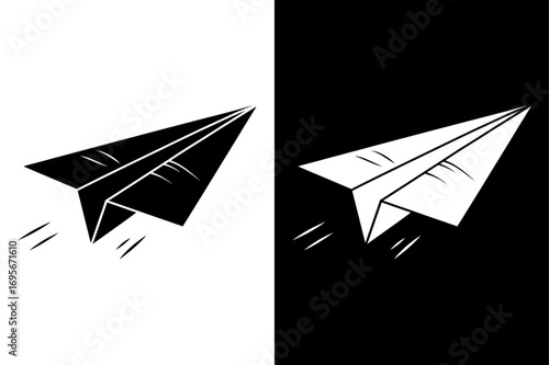 Flying Paper Plane Symbol. Black and White Vector Icon Silhouette Design