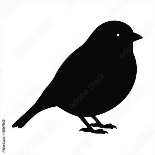 Silhouette of a small plump bird with a round body standing isolated