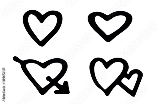 Set of simple hand drawn heart drawing illustration Scribble heart doodle Love clipart Single element for print, web, design, decor