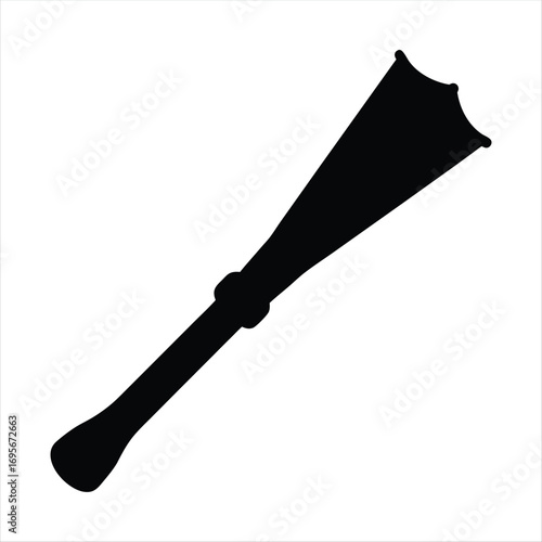 Stylized silhouette image of a hand fan with decorative embellishments and accents