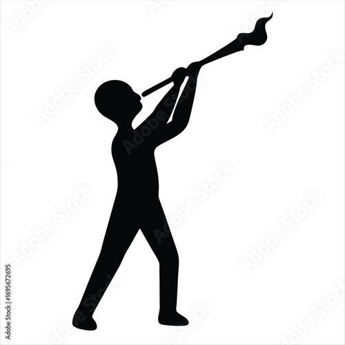 Silhouette of a person blowing a trumpet, isolated on a white background