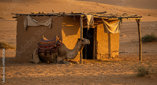 Desert Camel Resting by Rustic Adobe Shelter in Golden Light