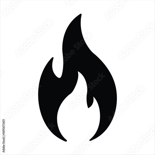 Simple stylized black flame silhouette with dynamic curve on a white background