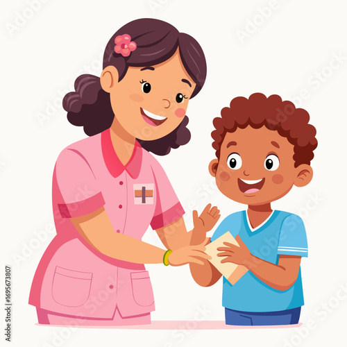 Cartoon nurse bandaging a childs hand, providing medical care and support with a smile