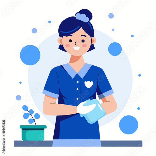 Cartoon cleaning lady with cleaning gloves, providing hygiene and sanitation services with a smile
