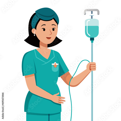 Nurse holding an iv drip, wearing a blue uniform and a nurse headband