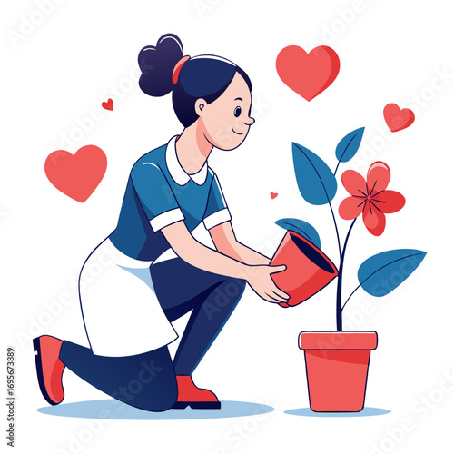Woman watering a plant surrounded by hearts, showing love and care for nature