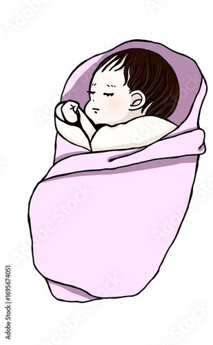ピンク色のおくるみに包まれた眠っている赤ちゃんのイラスト