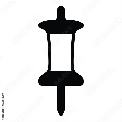 Simple black silhouette of a push pin or thumbtack for presentation