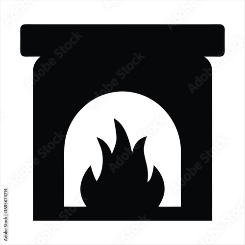 Black and white fireplace icon with blazing flames for cozy warmth
