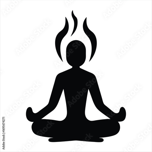 Black silhouette of a person meditating with flames above their head