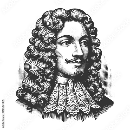 aristocratic man with long curly hair, lace collar, and elegant clothing from historical era sketch engraving generative ai fictional character vector illustration. Scratch board. Black and white.