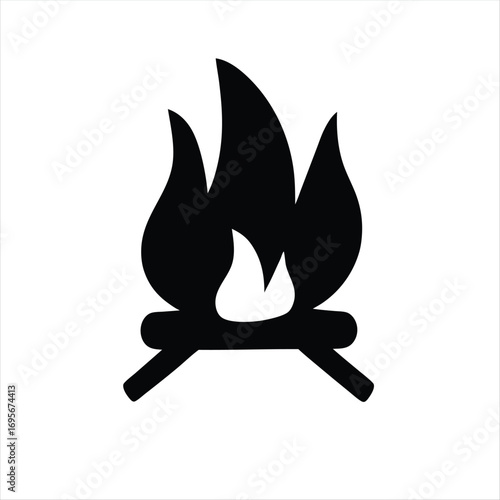 Simple vector art illustration featuring a black campfire with flames on white