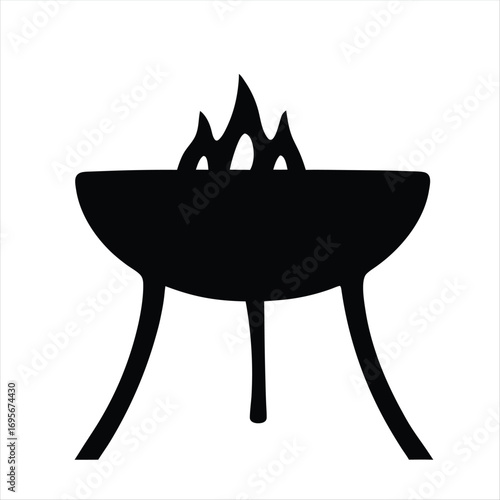Simple Graphic Icon of a Barbeque Grill with Flame in Black