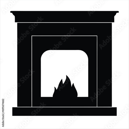 Simple black fireplace silhouette with flames, a symbol of hearth and home