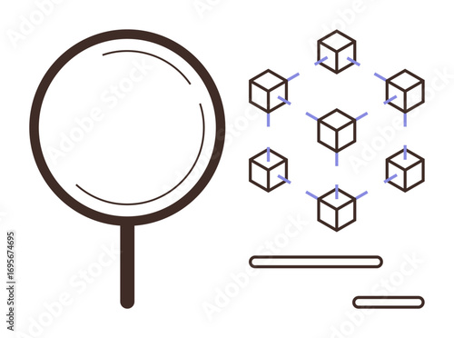Magnifying glass examining a network of cubes connected by lines, representing blockchain exploration. Ideal for innovation, research, analysis, technology, transparency, data security, simple flat