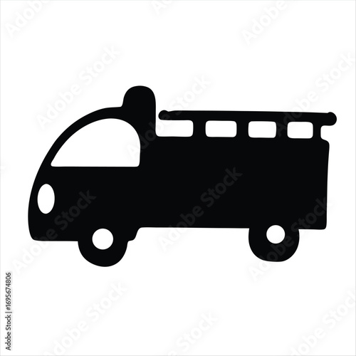 Simple black silhouette cartoon illustration of a fire engine truck vehicle
