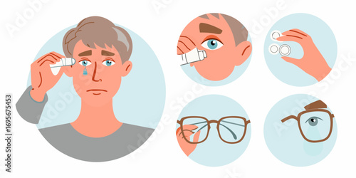 Man applying eye drops and demonstrating contact lens and glasses care in a step by step illustration