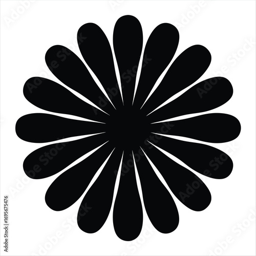 Stylized Black Flower with Petals Expanding from Central Point on White