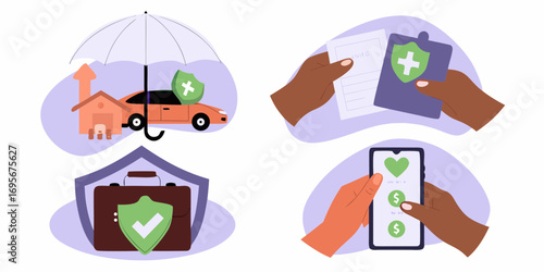 Diverse insurance coverage concepts illustrated with icons for home car business and health protection