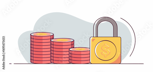 Illustration of a yellow padlock securing stacks of red coins, symbolizing financial security and growth.  The minimalist design uses flat colors against a white background.