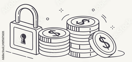 Stacks of coins secured by a padlock, a simple line drawing illustration on a white background.  Financial security concept.