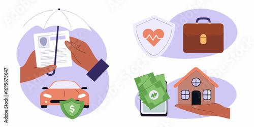 Collection of insurance concepts represented by icons including car health home and financial protection
