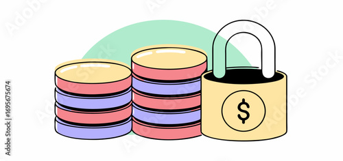 Stacks of pastel-colored coins secured by a yellow padlock. A simple illustration symbolizing financial security and protection.