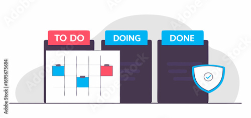 Flat design illustration showing a project management workflow with stages: To Do, Doing, and Done.  Includes a chart and security shield icon.