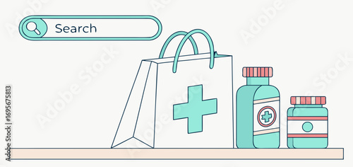 Illustration of online medicine shopping: a shopping bag with a plus sign, medicine bottles, and a search bar. Pastel colors and simple line art style.