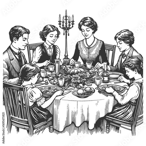 family gathered around a dining table, sharing food, drinks, and togetherness in a traditional setting sketch engraving generative ai vector illustration. Scratch board imitation. Black and white.