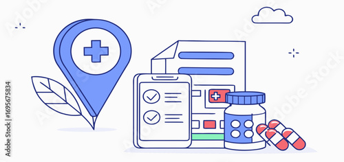 A digital illustration depicting a medical app interface with location pin, checklist, pills, and documents, representing healthcare access and management.