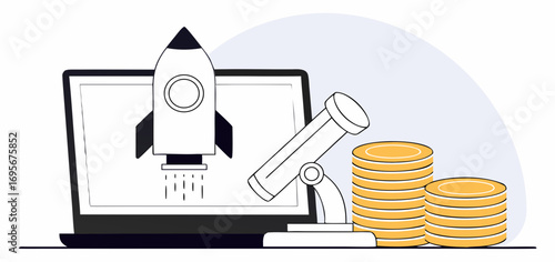 Illustration depicting a laptop screen displaying a launching rocket alongside stacks of gold coins, symbolizing financial success and business growth.