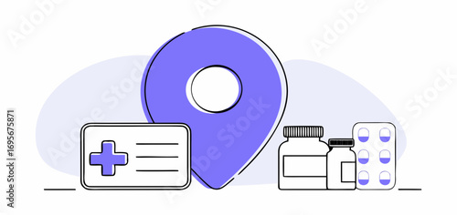 Simple illustration of a purple location pin with medical icons, including a medicine bottle and a medical card. Clean and minimal design suitable for medical apps or websites.